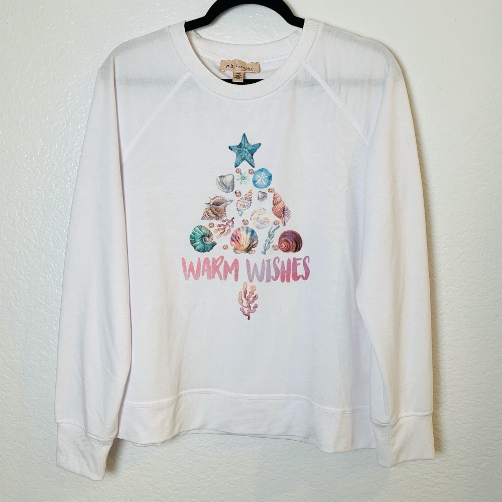Philosophy "Warm Wishes" White Sweatshirt Womens Medium Seashells Christmas